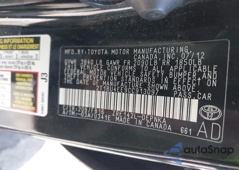 2012 Toyota Corolla Le from USA, damaged, VIN 2T1BU4EE9CC913097